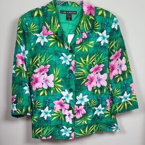 Anne Carson Green Floral Button-Up Shirt Jacket with Pink and White Blooms
